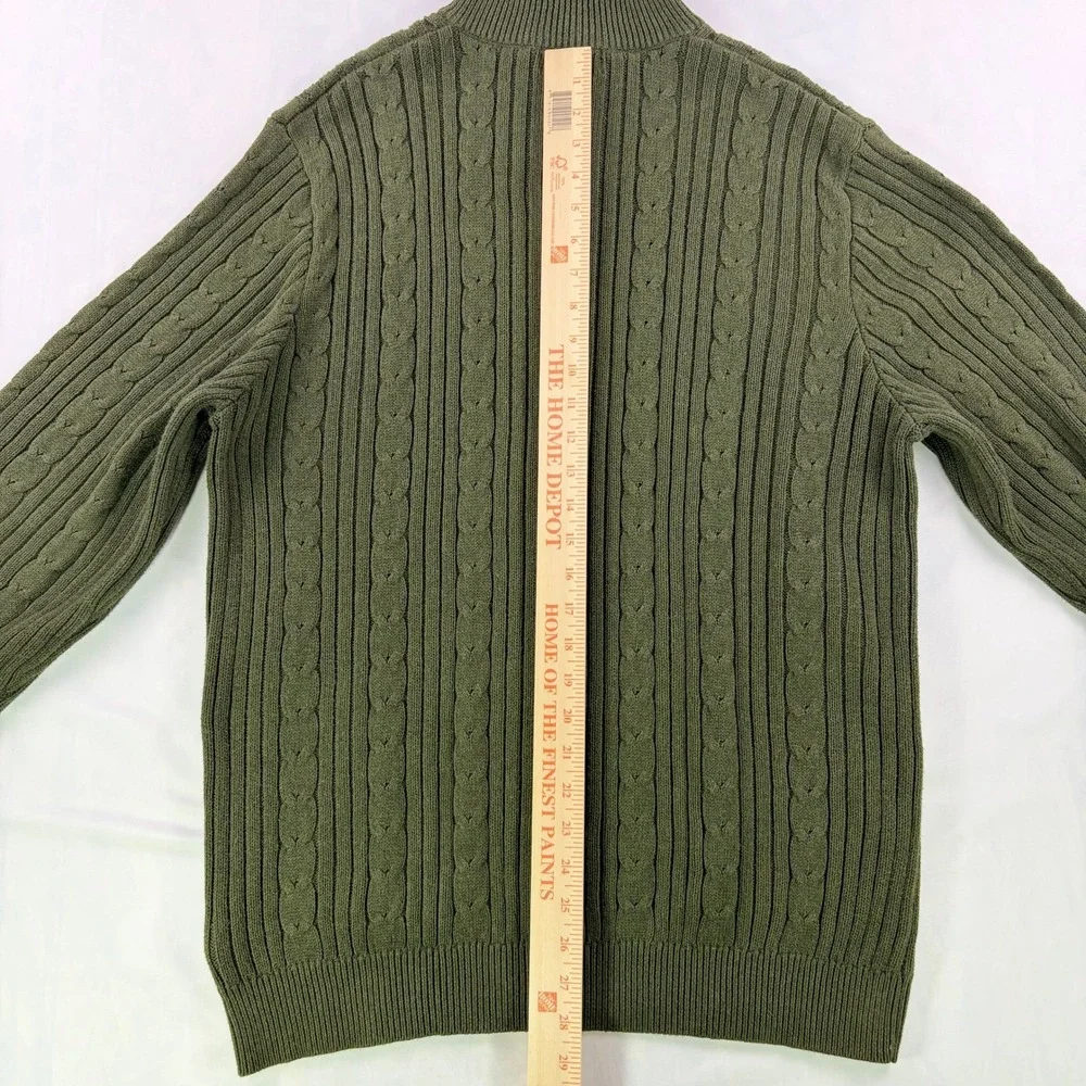 Eddie Bauer Quarter Zip Sweater Mens Medium Olive Green Cable Knit Cotton Mock